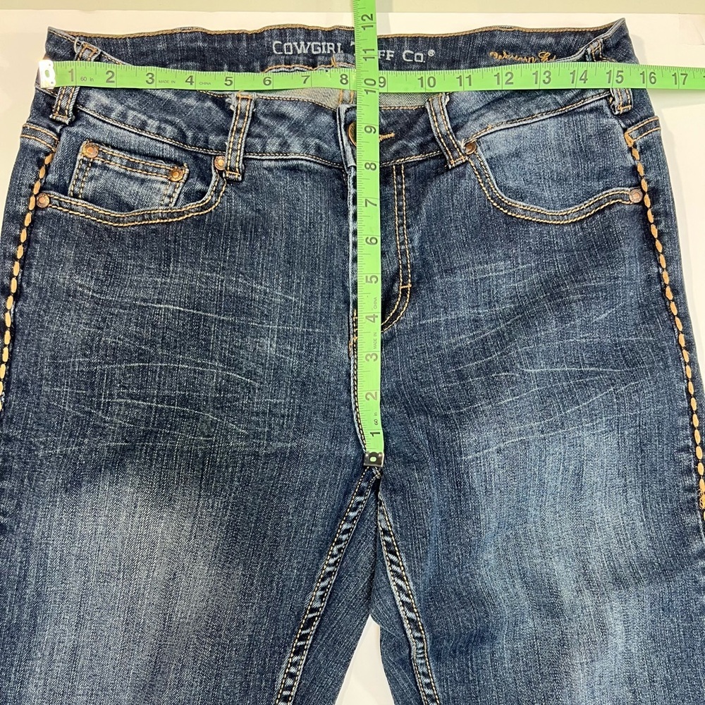 Cowgirl Tuff Western Edge Dark Blue Jeans Womens size 30 X 35 Brown Stitching - Picture 4 of 14